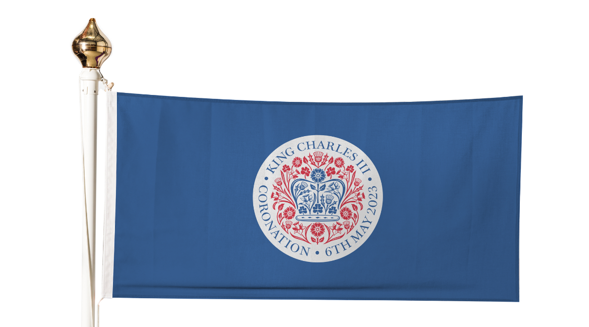 Coronation Flag featuring official emblem on blue background