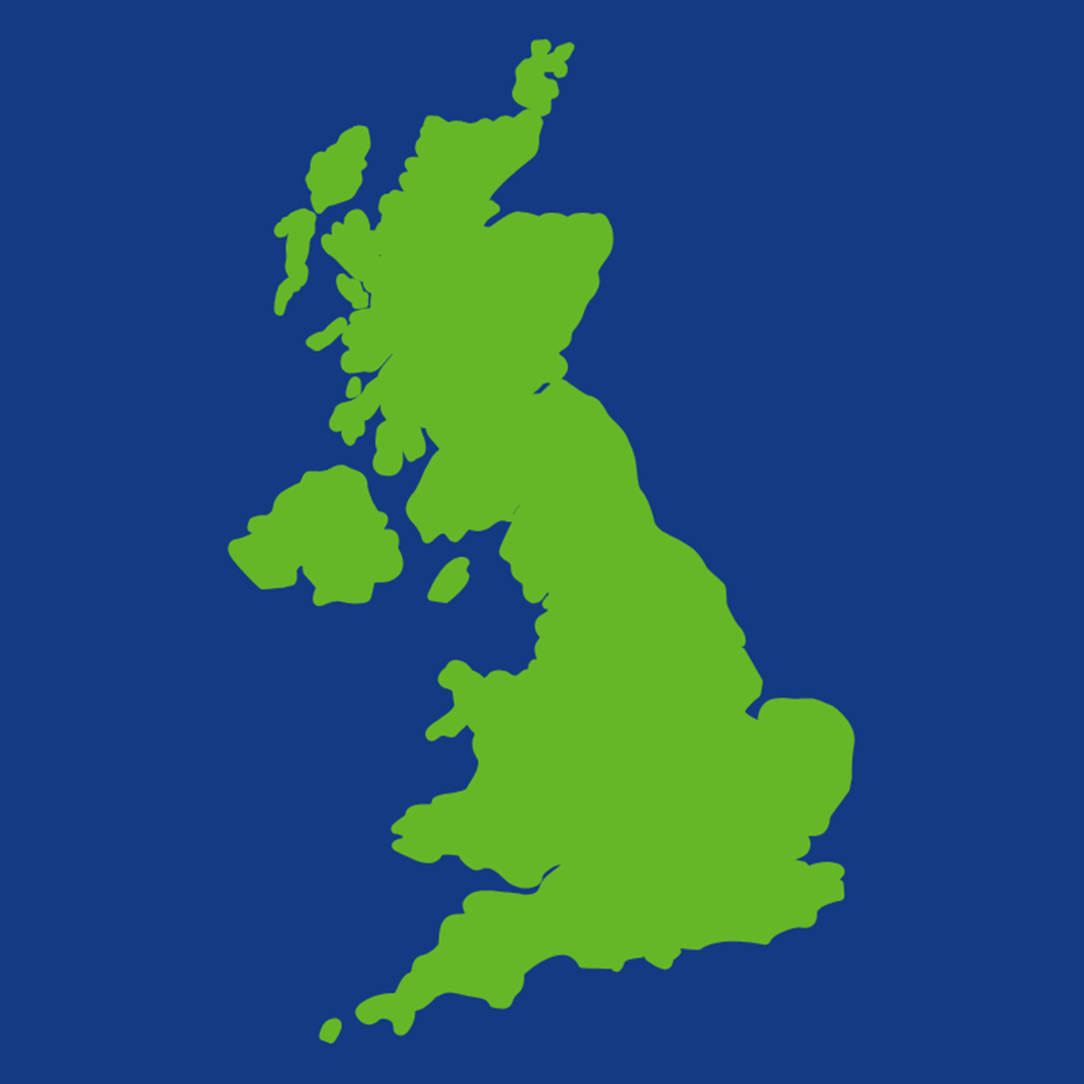 UK Map in Green on Blue background